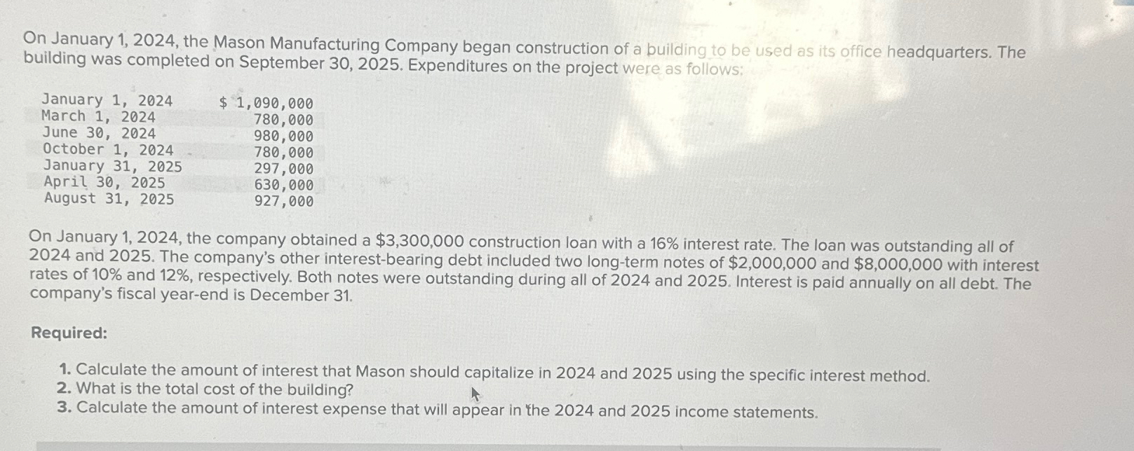  On January 1,2024, the Mason Manufacturing Company began construction of a