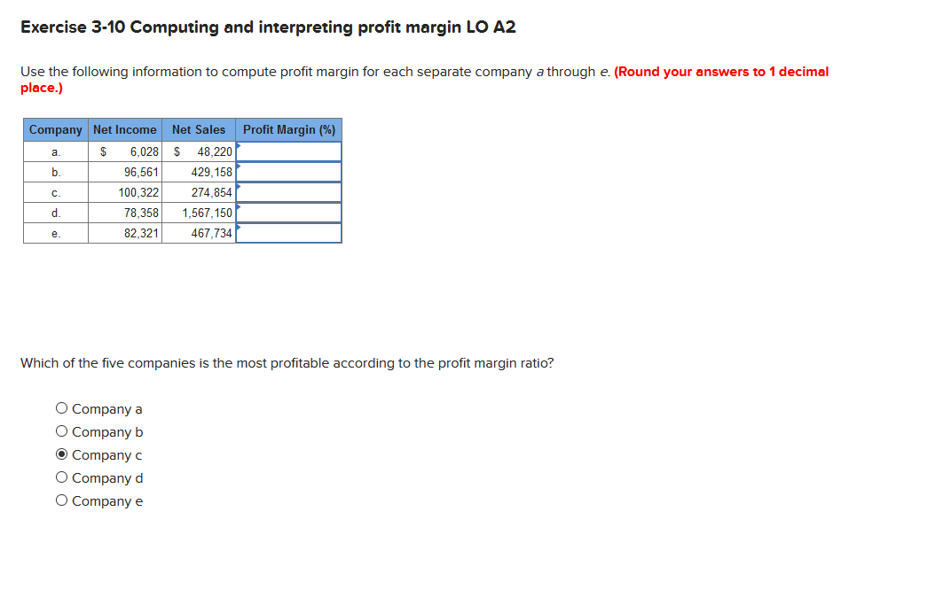  Exercise 3-10 Computing and interpreting profit margin LO A2 Use the
