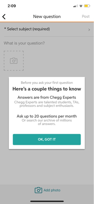  2:09 New question Post * Select subject (required) What is your