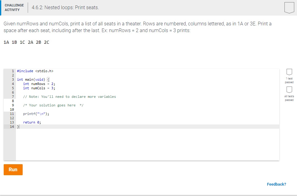 C programming only please! CHALLENGE 4.6.2: Nested ACTIVITY loops: Print seats Given