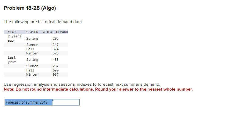  The following are historical demand data: Use regression analysis and seasonal