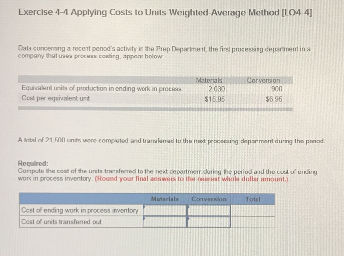 Exercise 4-4 Applying Costs to Units-Weighted-Average Method [L04-4] Data concerning a