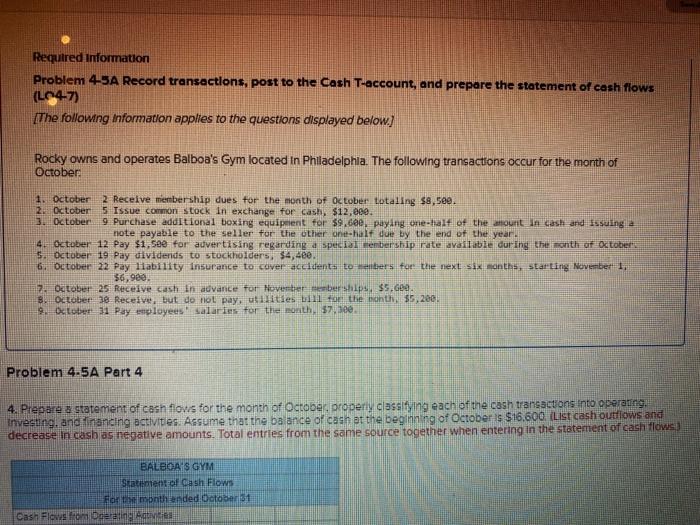 Required information Problem 4-5A Record transactions, post to the Cash T-account,