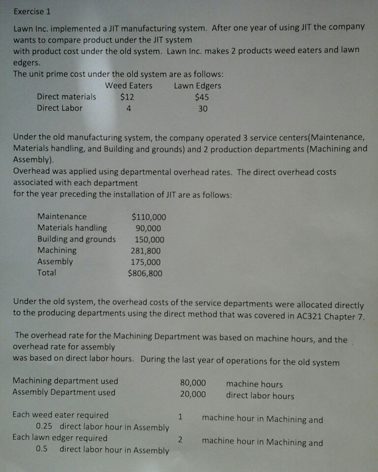 JIT system with product cost under the old system Lawn Inc. makes