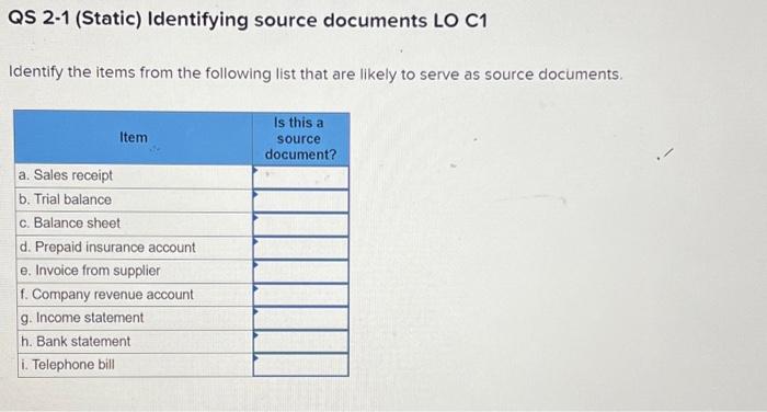  QS 2-1 (Static) Identifying source documents LO C1 Identify the items