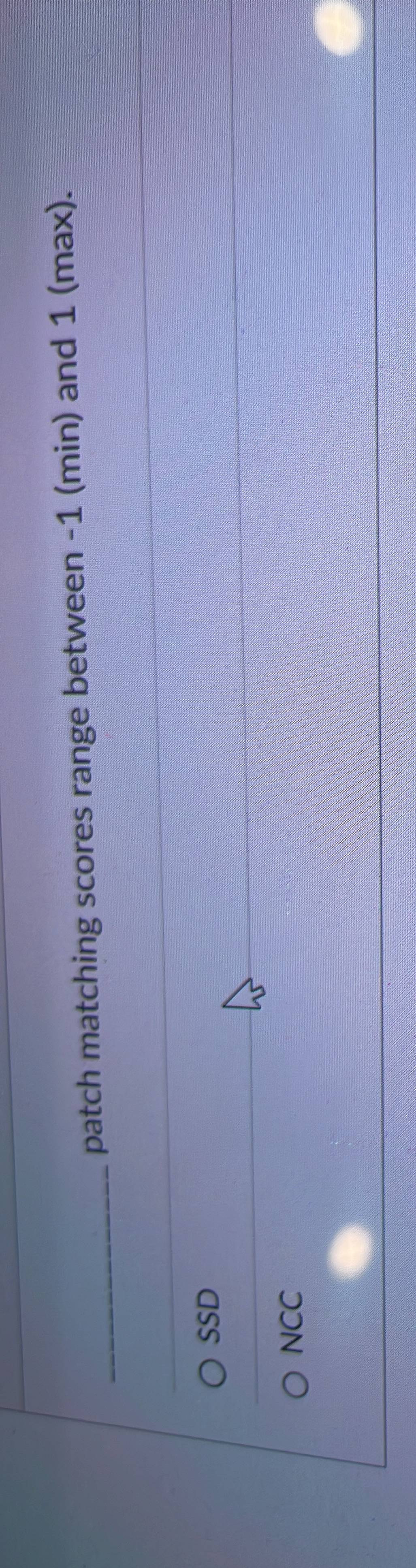  patch matching scores range between -1(min) and 1(max). SSD NCC 