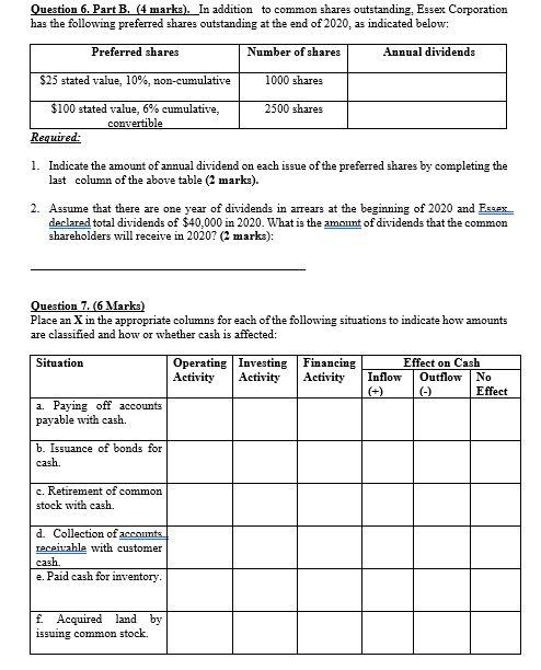 Question 6. Part B. (4 marks). In addition to common shares