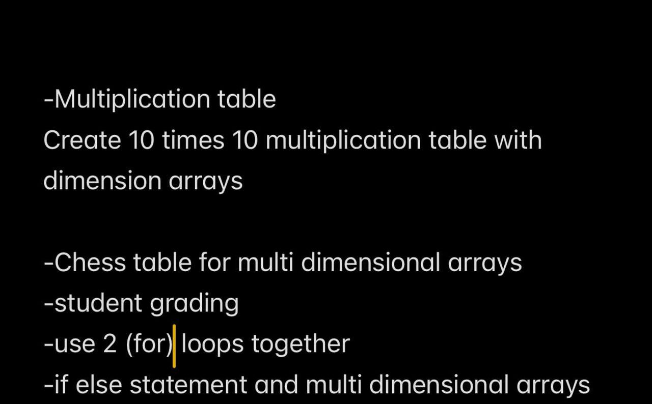  -Multiplication table Create 10 times 10 multiplication table with dimension arrays