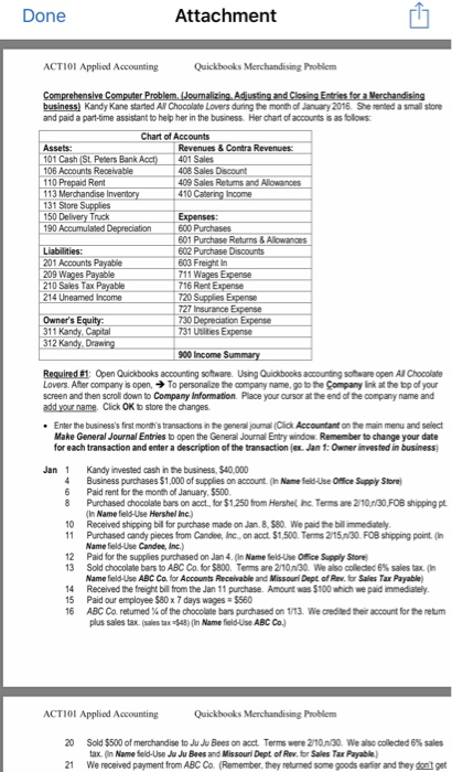  Done Attachment ACTIOl Applied Accounting Quickbooks Merchandising Problem business) Kandy Kane