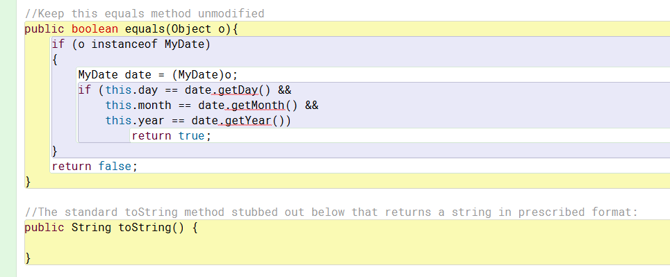 It contains a partial implementation of a MyDate class with three integer