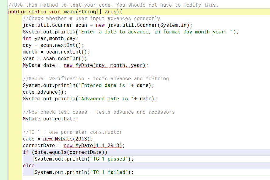 instance variables, day, month and year. Complete the class by providing the