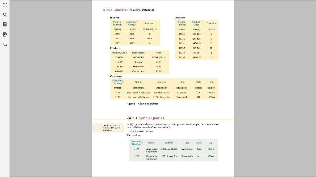 1. Use the sample database (four tables Invoice, Product, LineItem, and Customer)