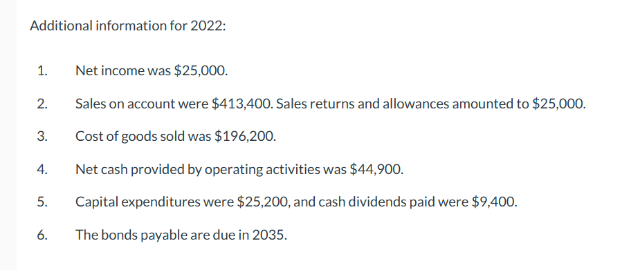 2022 : 1. Net income was $25,000. 2. Sales on account were