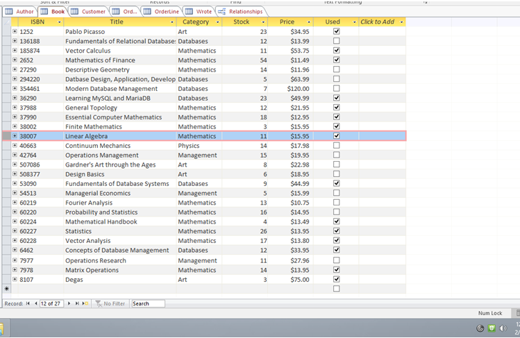 etc.), number of copies in stock, price and the indication if the