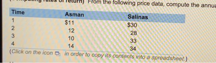 annual rates of return for Asman and Salinas The rate of retum