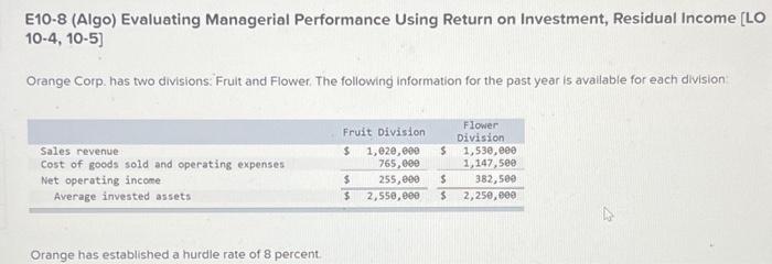  E10-8 (Algo) Evaluating Managerial Performance Using Return on Investment, Residual Income
