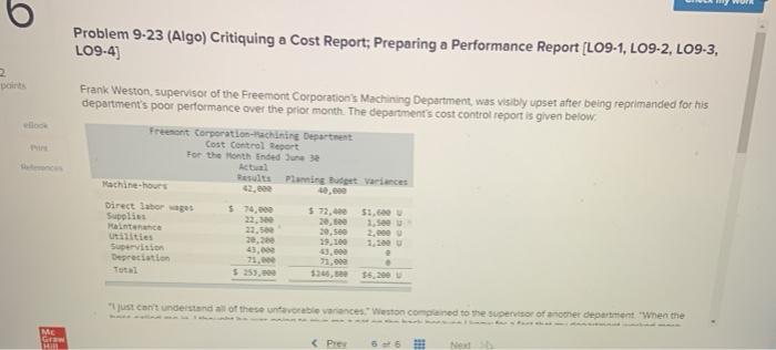  NU Problem 9-23 (Algo) Critiquing a Cost Report; Preparing a Performance