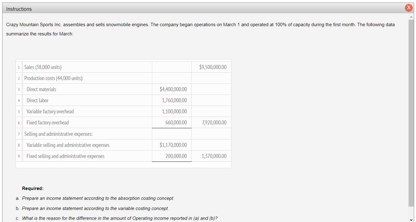  b. Prepare an income statement according to the variable costing concept.