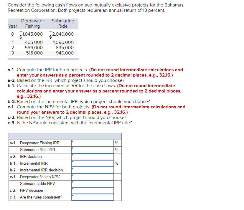  Consider the following cash flows on two mutually exclusive projects for