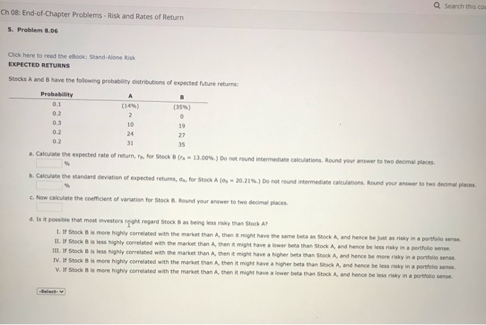  Q Search this col Ch 08: End-of-Chapter Problems - Risk and