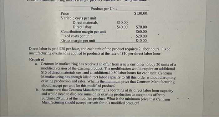  Product per Unit Price Variable costs per unit Direct materials Direct