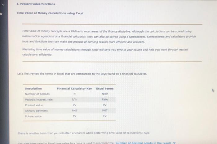  1. Present value functions Time Value of Money calculations using Excel