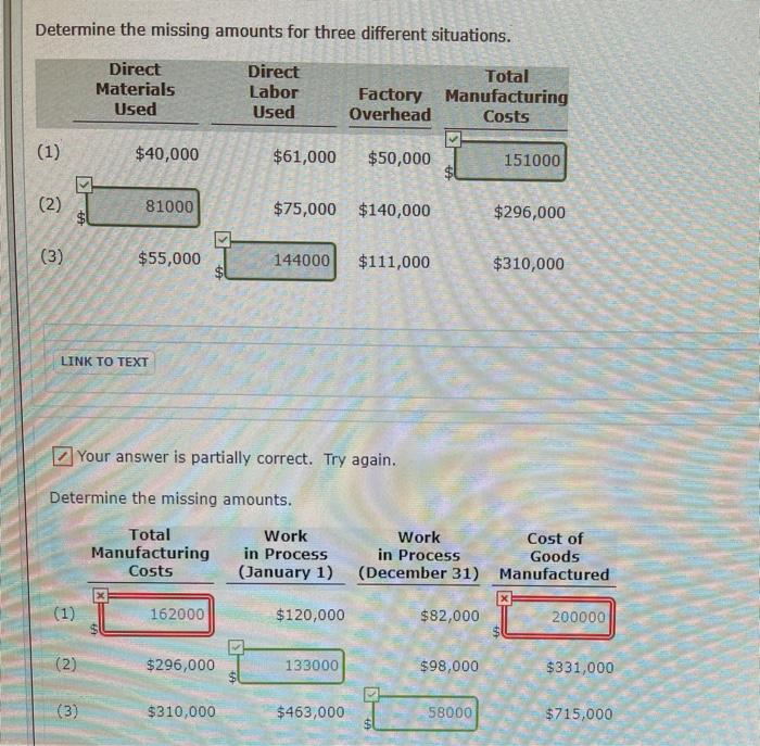 Determine the missing amounts for three different situations. Direct Materials Used