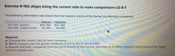  Exercise 9-15A (Algo) Using the current ratio to make comparisons LO