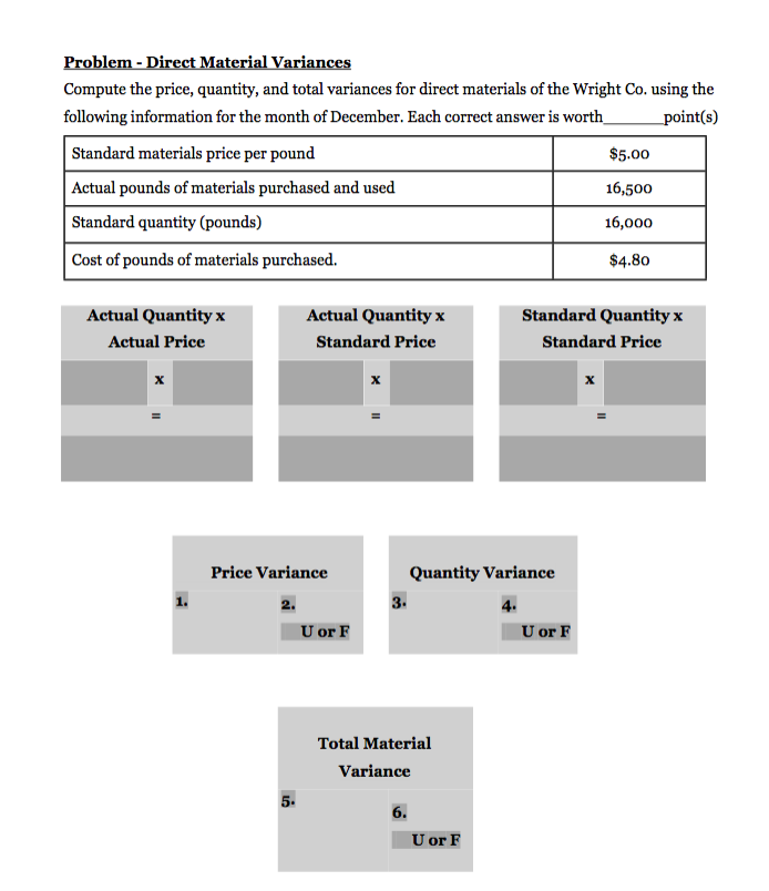  Problem - Direct Material Variances Compute the price, quantity, and total