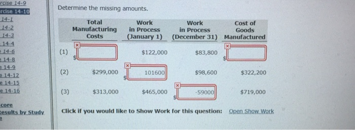  rcise 14-9 Determine the missing amounts. rcise 14-1 Total Work Work
