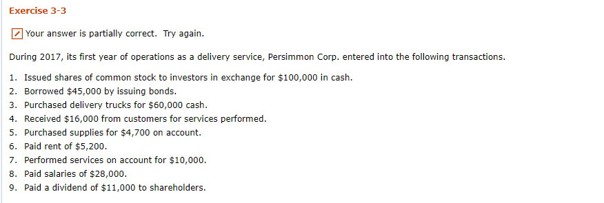 Exercise 3-3 Your answer is partially correct. Try again. During 2017,