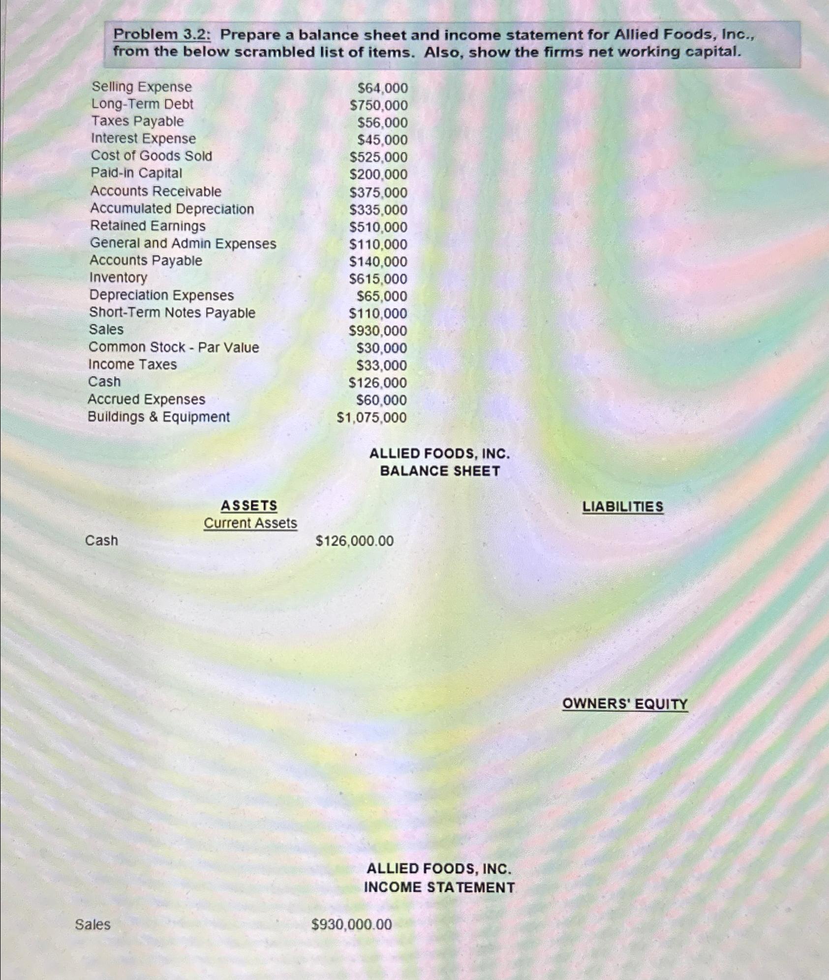  Problem 3.2: Prepare a balance sheet and income statement for Allied
