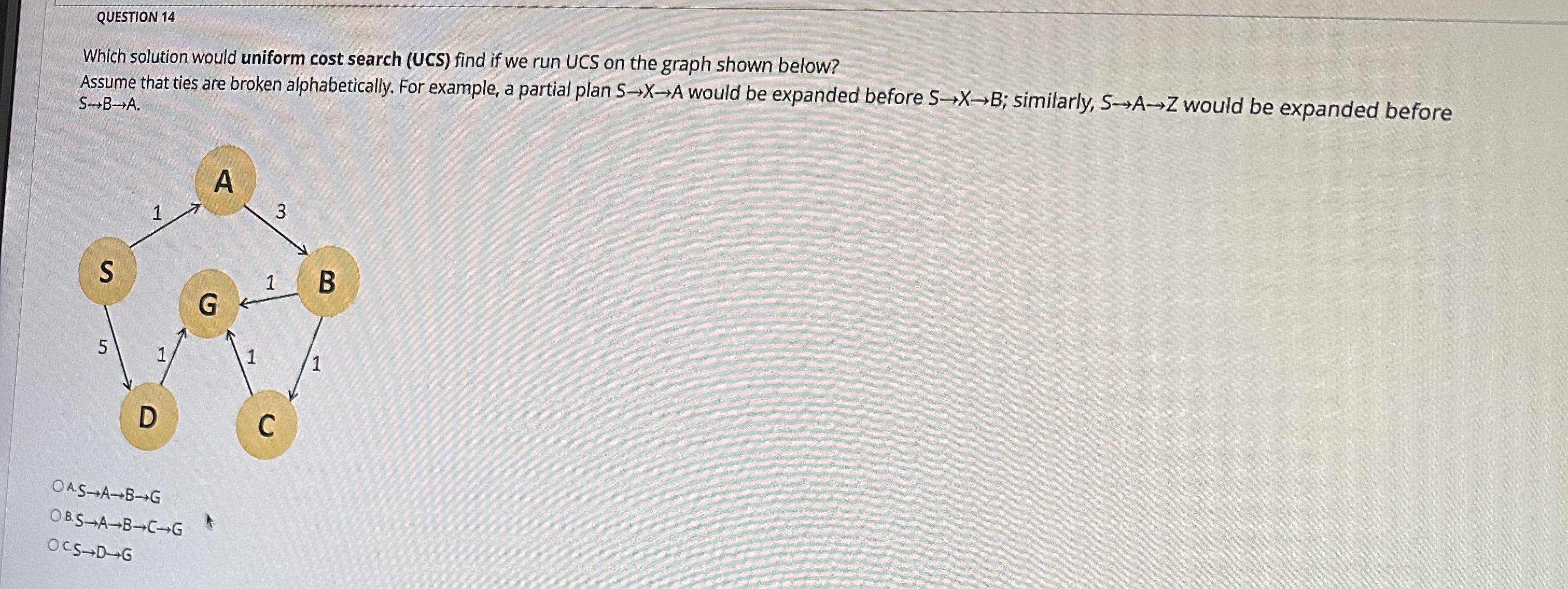  QUESTION 14 Which solution would uniform cost search (UCS) find if