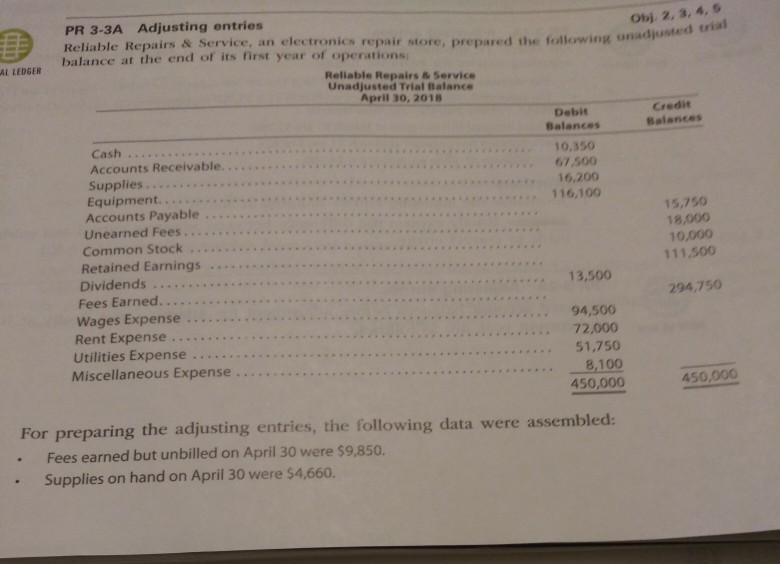 PR 3-3A Adjusting entries Obj. 2, 3, 4, S Reliable Repairs