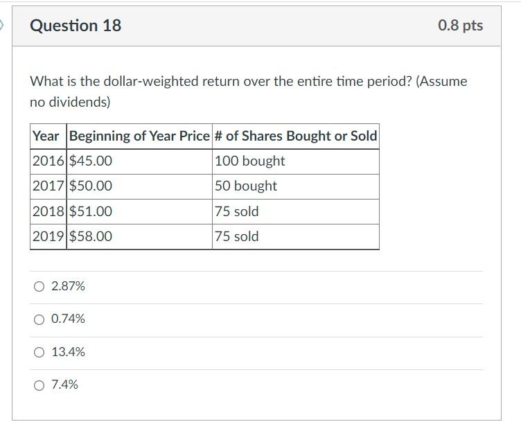 > Question 18 0.8 pts What is the dollar-weighted return over