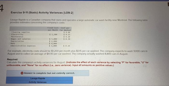 c please help me with both Exercise 9-11 (Static) Activity Variances [LO9-2]