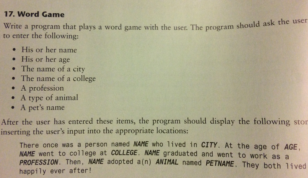java 17. Word Game Write a program that plays a word game