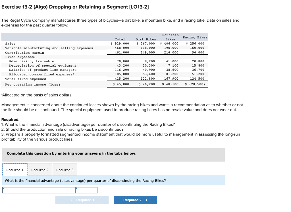 Exercise 13-2 (Algo) Dropping or Retaining a Segment [LO13-2] Exercise 13-2 (Algo)