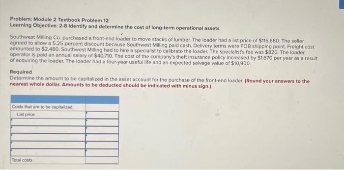  Problem: Module 2 Textbook Problem 12 Learning Objective: 2-8 Identify and