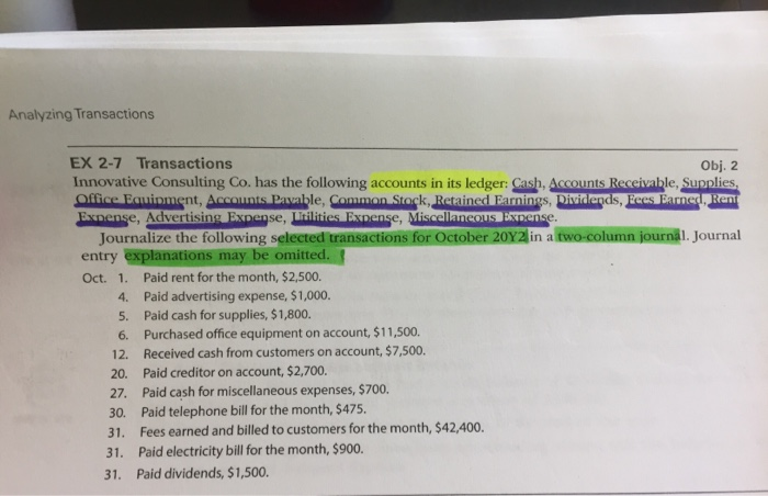  Analyzing Transactions EX 2-7 Transactions Obj. 2 Innovative Consulting Co. has