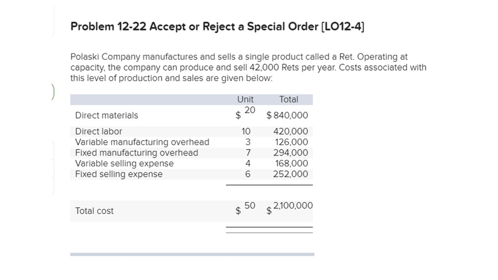  Problem 12-22 Accept or Reject a Special Order [LO12-4] Polaski Company