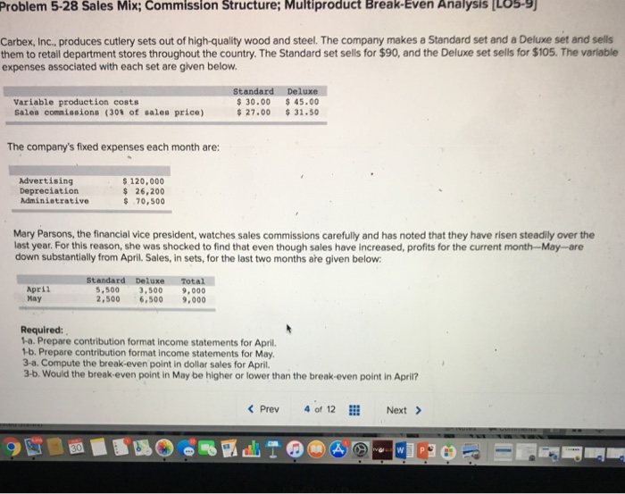  Problem 5-28 Sales Mix; Commission Structure; Multiproduct Break-Even Analysis [L05-9 Carbex,