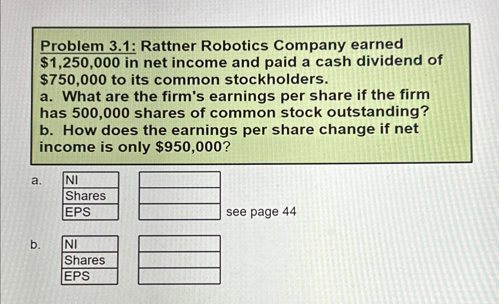  Problem 3.1: Rattner Robotics Company earned $1,250,000 in net income and