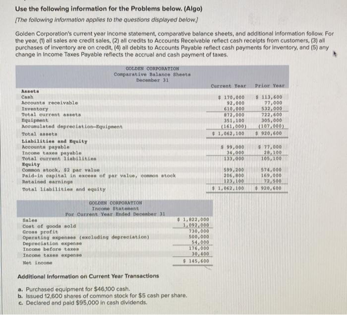  Use the following information for the Problems below. (Algo) {The following