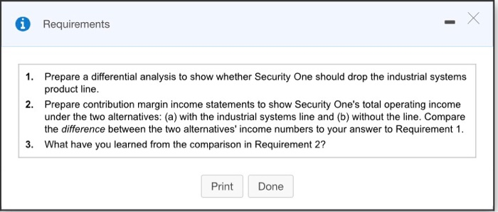  Requirements 1. Prepare a differential analysis to show whether Security One