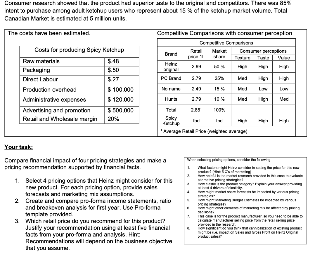 DATA FOR THE QUESTION Consumer research showed that the product had superior