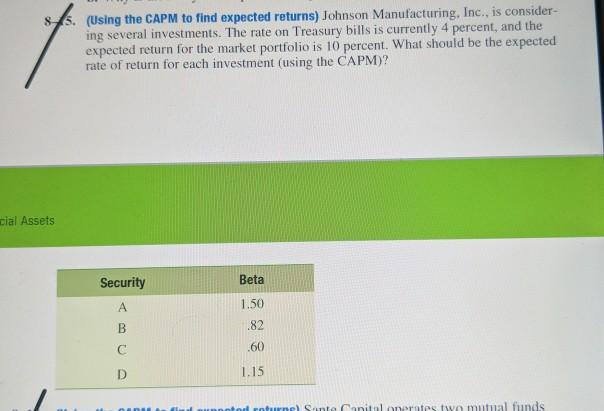 (Using the CAPM to find expected returns) Johnson Manufacturing, Inc., is