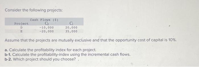  Consider the following projects: Assume that the projects are mutually exclusive