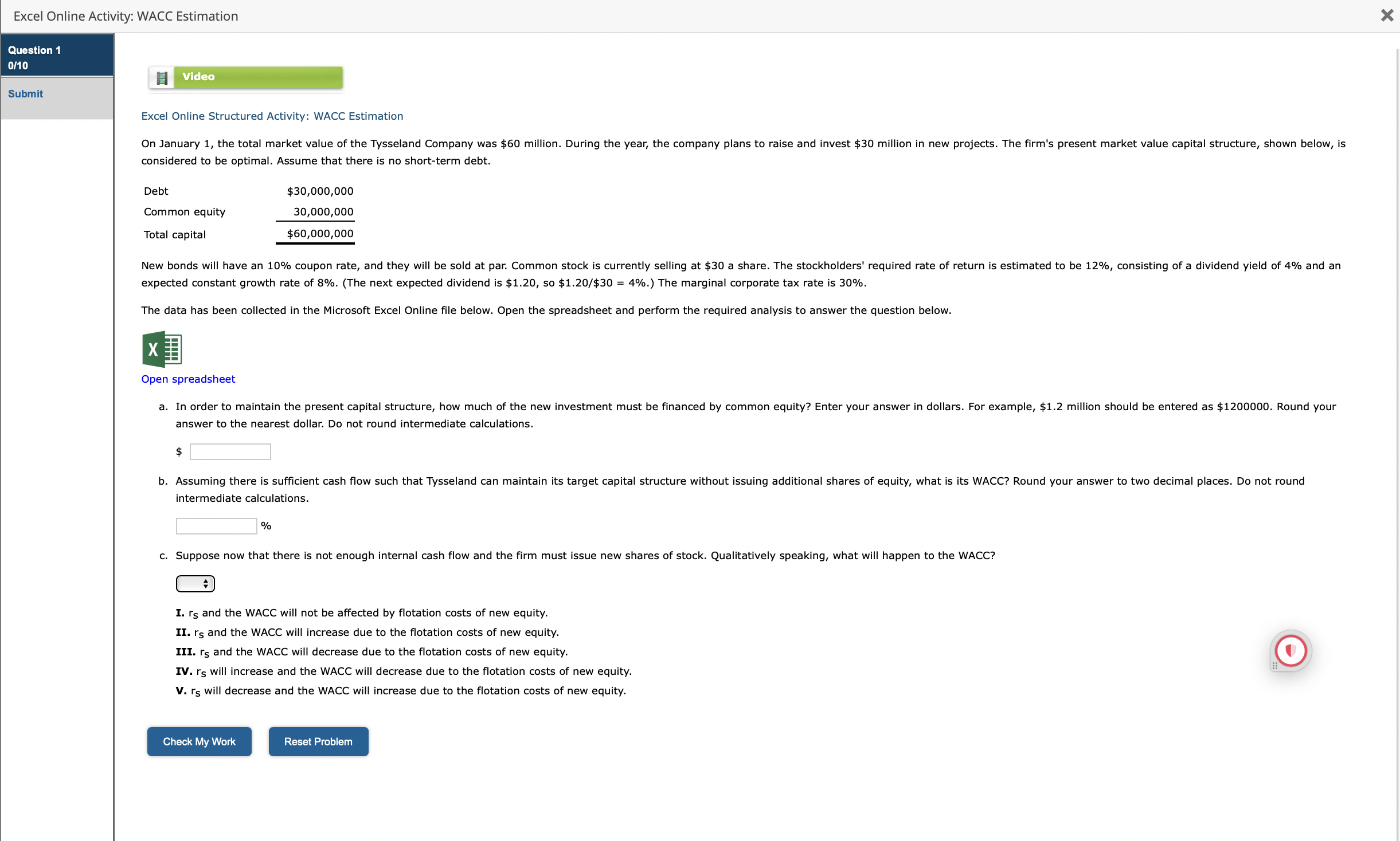  Excel Online Activity: WACC Estimation Question 1 0/10 Submit Excel Online