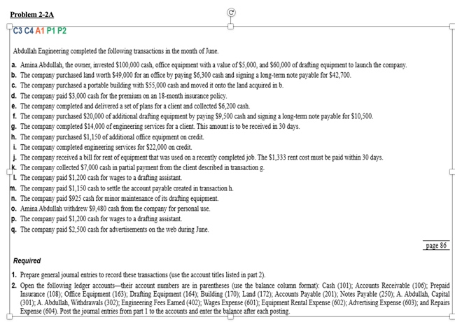  Problem 2-2A C3 C4 A1 P1 P2 Abdullah Engineering completed the